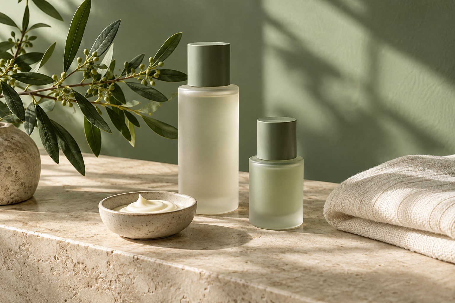 Kosmetyki bez etykiet, lniany ręcznik i ceramiczna miseczka w naturalnym świetle